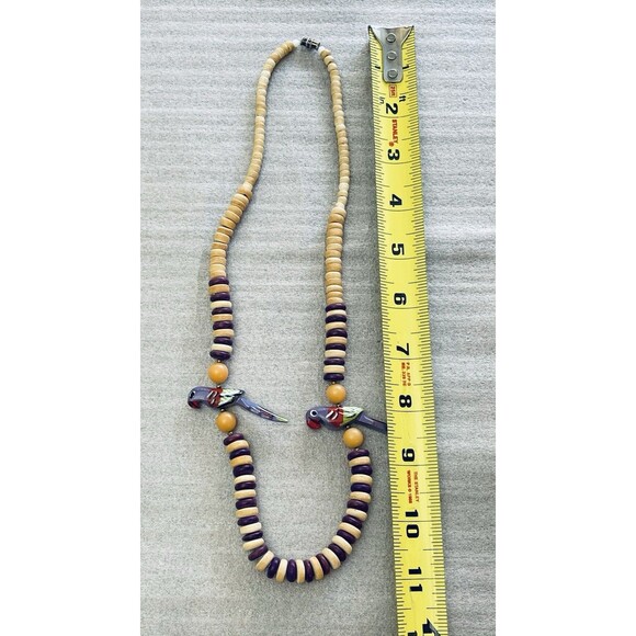 VTG '80s Boho Clay Disk Necklace 22" w/ Hand-Carved Parrot Beads & Brass Spacers - Picture 7 of 8